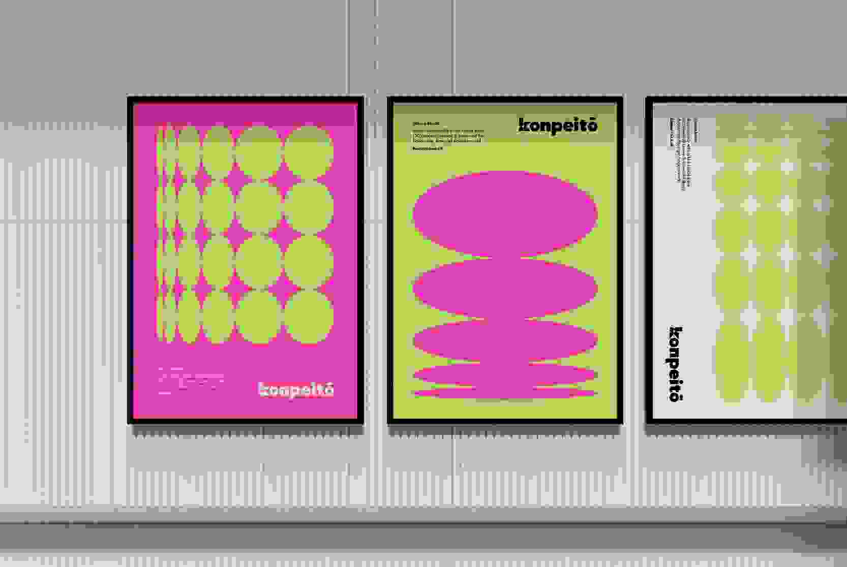 Konpeitō mock-up of posters on a wall with fuschi, black, off-white, cream  lime green colours